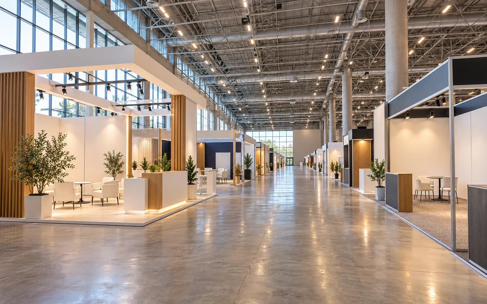 Açılış öncesi boş bir fuar salonu ve stand koridorları (temsili görsel)